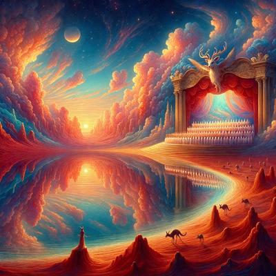 The primary subject of the image is a painting featuring a stage with a curtain, a deer, and a woman. The setting is a stage with a curtain, and the visual style is a painting. The colors and mood of the painting are vibrant and lively, with a focus on the stage and its surroundings.
